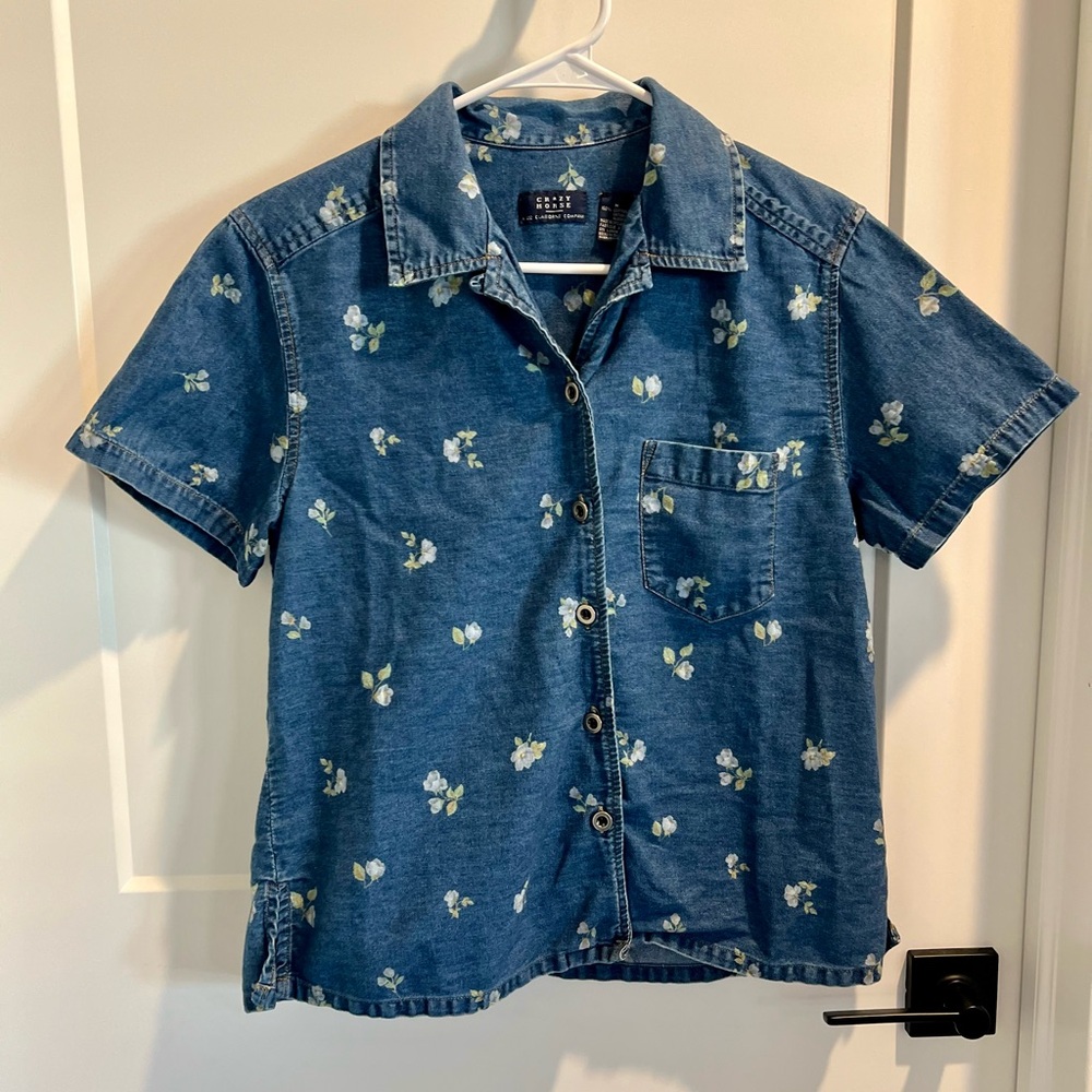 Vintage 90s Liz Claiborne Short Sleeve Button up Denim Top Cottage Floral Print